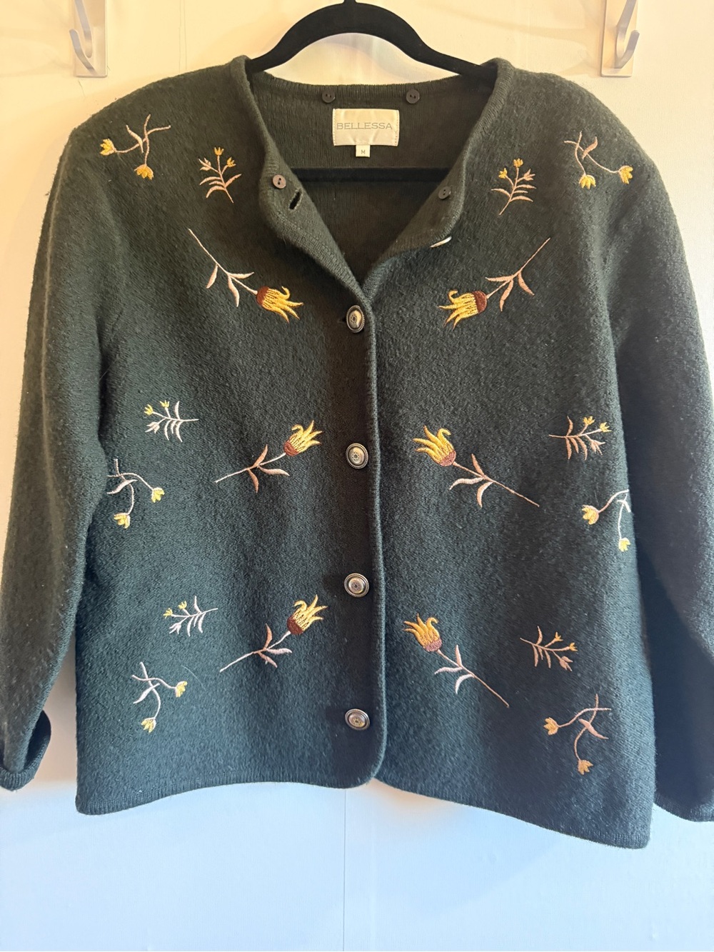 Vintage Bellessa 100% Wool Olive Floral Embroidered Cardigan Sweater M
